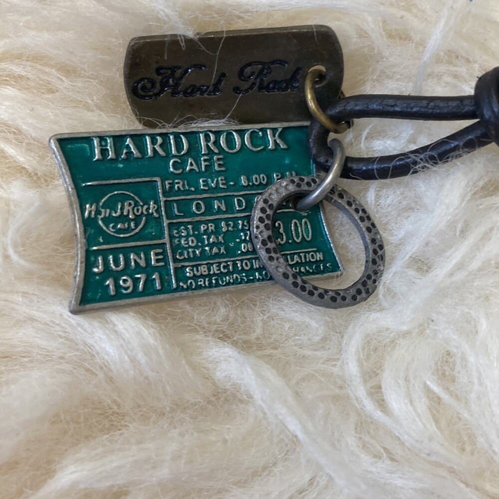 Hard Rock Cafe Necklace w/ Leather Cord & 3 Hard Rock Charms/Pendants EUC - Picture 2 of 4